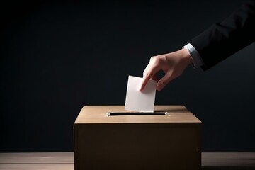 Elections. Man casts her ballot at elections. Man casting vote. Ballot box.  Generative AI.
