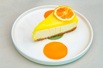 San sebastian ( Bask ) cheesecake slice isolated close up. Limon, lotus, fistikli, Frambuazli cheesecake