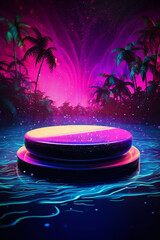 Neon tropical empty product display podium pedestal, generative ai