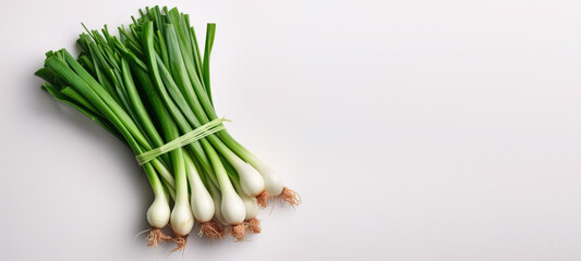 bunch of green onions on a white background, top view. Generative Ai