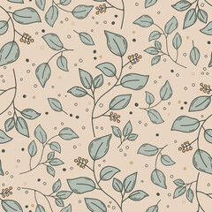 Yellow floral berry branches, dots and leaves on neutral tan background