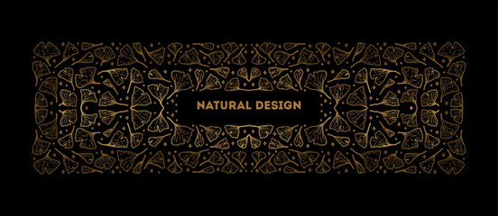 Luxury cover design with golden leaves. Gold ginko foliage pattern background. Vintage style banner with space for text. Vector leaves cover template with metallic effect for events, beauty, wedding