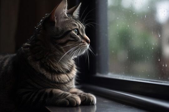 A realistic gray tabby cat sitting on a windowsill, gazing out at a rainy day, paws tucked in, fur fluffed up, droplets on the glass, Photography