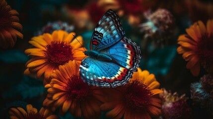 Fototapeta na wymiar Blue butterfly in surrounded by colorful flowers. Al generated