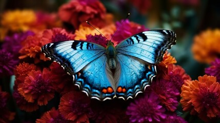 Blue butterfly in surrounded by colorful flowers. Al generated