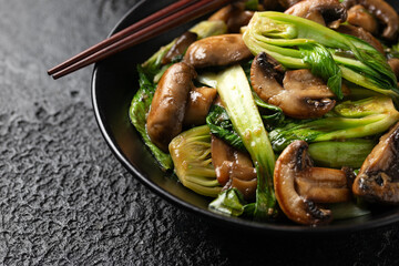 Bok Choy or Pak Choi and Mushroom Stir Fry in vegetarian sauce. Healthy vegan food.