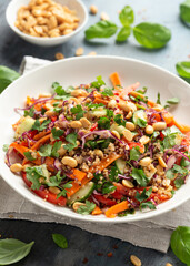 Asian Quinoa salad with fresh vegetables, peanuts and herbs. Healthy food.