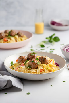 Homemade tagliatelle pasta with meatballs and carrots. Italian food. AI generated