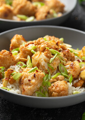 Kung Pao Cauliflower with rice, peanuts and spices. Healthy vegan food.