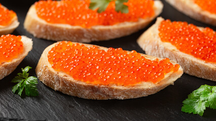 Naklejka na ściany i meble Salmon red caviar sandwiches on rustic stone board
