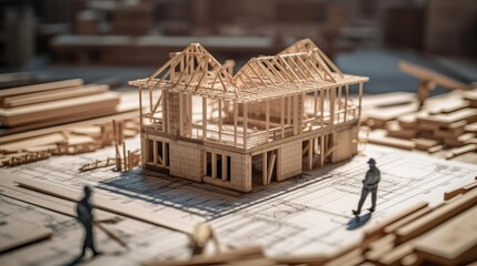 Building house wooden layout miniature on blueprints with worker construct. Al generated