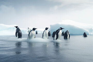 penguins floating on ice