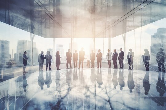 Achieving Business Success through Partnership: Double Exposure Image of Conference Group Meeting with City Office Building Background and Business People, created using generative AI