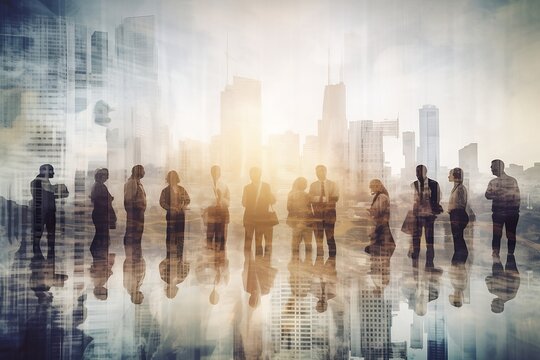 Double exposure image of many business people conference group meeting on city office building in background showing partnership success of business deal,
created using generative AI