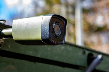 A video camera on a military vehicle for review and surveillance.