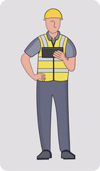 A engineer in a yellow vest with a tablet.