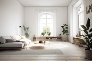 Fototapeta premium Minimalistic Modern Living Room Design with plants. AI generative illustrations