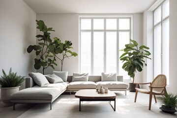 Fototapeta premium Minimalistic Modern Living Room Design with plants. AI generative illustrations