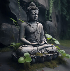 Buddha statue sits in the centre of a rainy temple garden