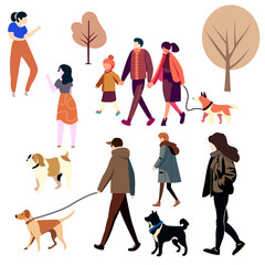 Many people vector with many dogs on white background