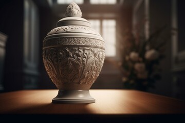 White cremation urn. Generative AI - obrazy, fototapety, plakaty