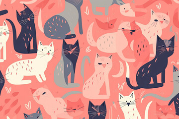 Seamless pattern with cute colorful Kittens. Creative childish pink texture