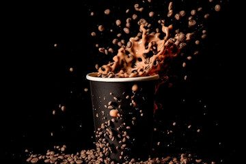 Cocoa with milk splashes out of a dark paper cup.