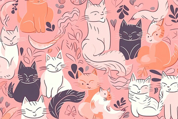 Seamless pattern with cute colorful Kittens. Creative childish pink texture