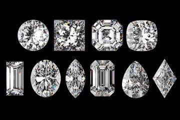 Ten diamonds various shapes isolated on black background. 3d illustration