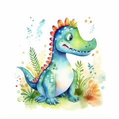 Watercolor illustration of a green dinosaur. Vector art. Nursery Art. Wall art. Generative AI.