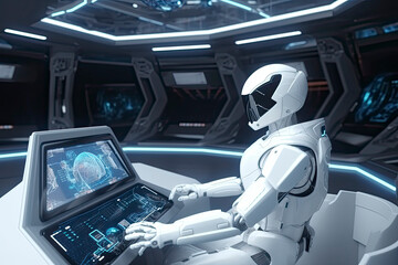 Robot cyborg in a control room flying a white modern spaceship with window view on spac
