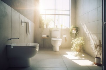 Naklejka na ściany i meble Modern white bathroom with sunlight and clean toilet, shower, and white walls. Copy space background available. Generative AI