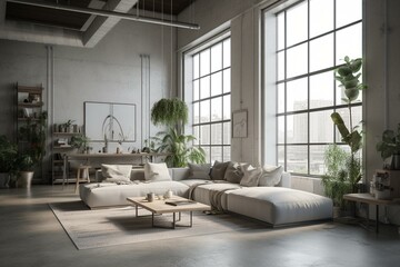 Fototapeta na wymiar Loft-style home with white mock wall, sofa, and decor. Generative AI