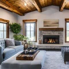 1 A cozy living room with a fireplace, plush sofa, and rustic decor1, Generative AI