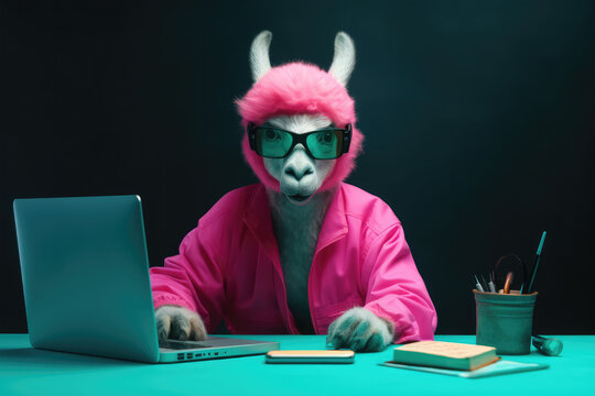 Stylish lama programmer with pink hair working on a laptop. Generative AI