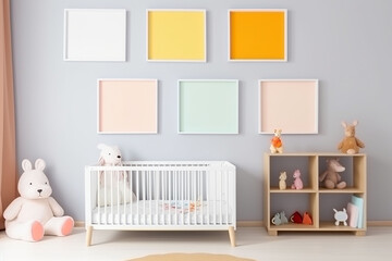 frames. Interior of children's room with white crib and colorful photo frames. Generative AI