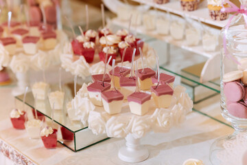 A delicious wedding. Candy bar for a banquet. Celebration concept. Fashionable desserts. Table with sweets, candies. Fruits