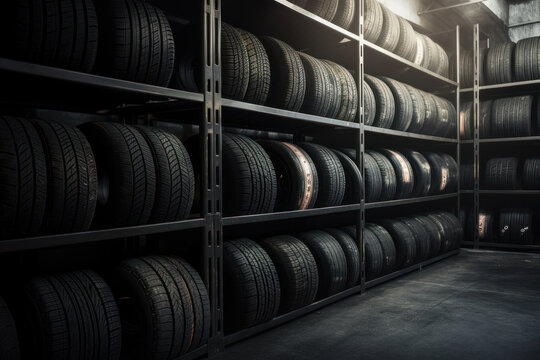 A mechanic holding a tire in a warehouse filled with automotive products and spare parts, surrounded by shelves stocked with tires. AI Generative