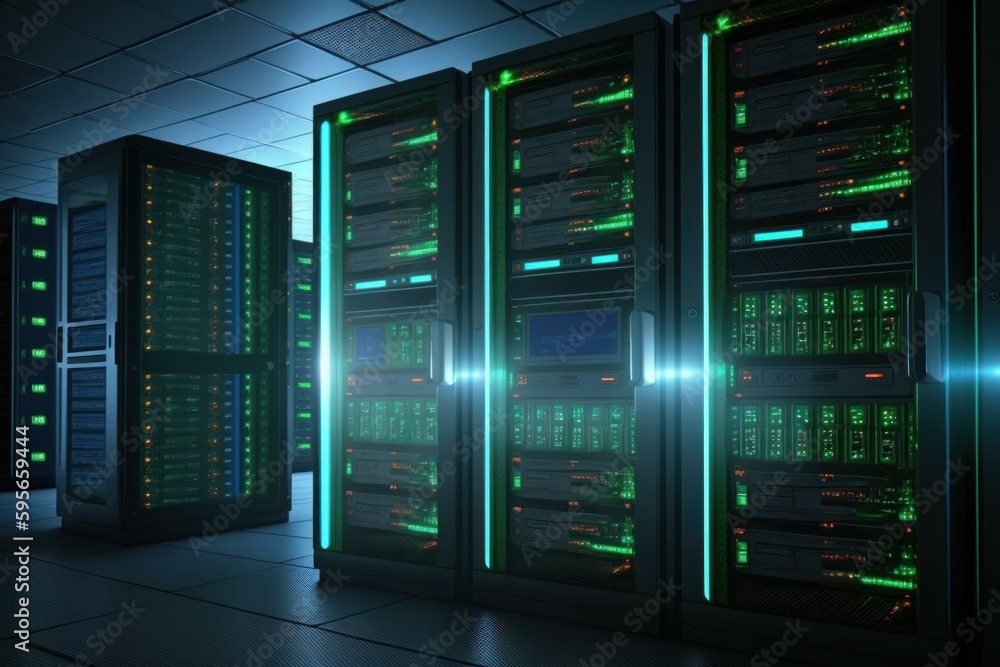 Poster modern data center with computer servers. ai generated, human enhanced.