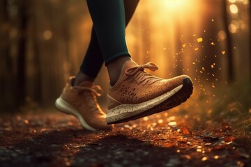 Legs of a woman jogging in the forest. Walking in nature in the fresh air after the rain. AI generated, human enhanced