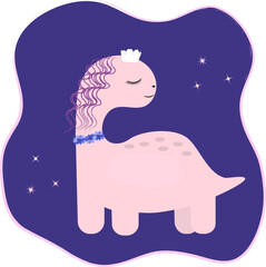 Cute dino with crown and night sky. Vector illustration.