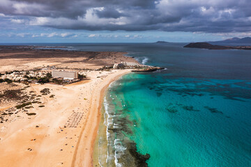 Aerial view of beach in Corralejo Park, Fuerteventura, Canary Islands. Corralejo Beach (Grandes...
