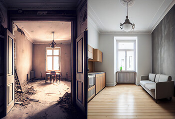 Apartment or room before and after renovation. Renovation concept. AI generative. - obrazy, fototapety, plakaty
