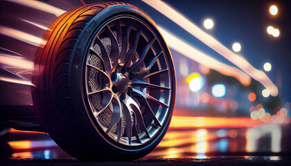 An aluminum rim on a sports car wheel. Defocused night street and lights in the background. Layout. AI generative.