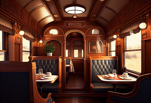 Restaurant car in the style of the 19th century. The interior of an expensive train. AI generative.