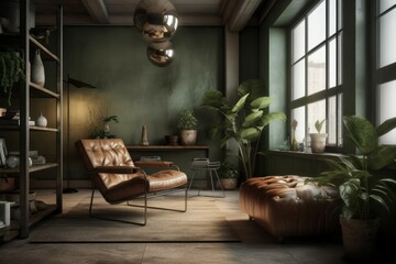 Fototapeta na wymiar Style loft interior with leather armchair. AI generated, human enhanced