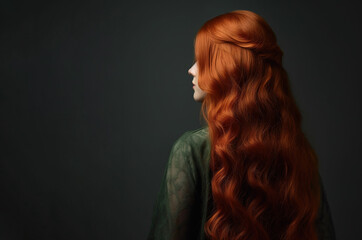 Woman with very long ginger hair on a solid background