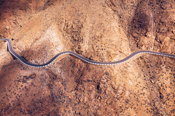 Betancuria National Park on the Fuerteventura Island, Canary Islands, Spain. Spectacular view of the picturesque mountain landscape from the drone of the Betancuria National Park in Fuerteventura