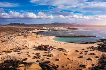 Panoramic view of El Cotillo city in Fuerteventura, Canary Islands, Spain. Scenic colorful traditional villages of Fuerteventura, El Cotillo in northen part of island. Canary islands of Spain.