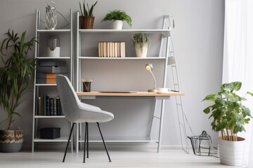 interior background desk chair workspace shelves design apartment nobody decor. Generative AI.